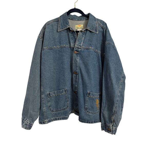 Womens Plus 3X Studded Floral Glitter Distressed Denim Button Trucker Jacket - Picture 1 of 9